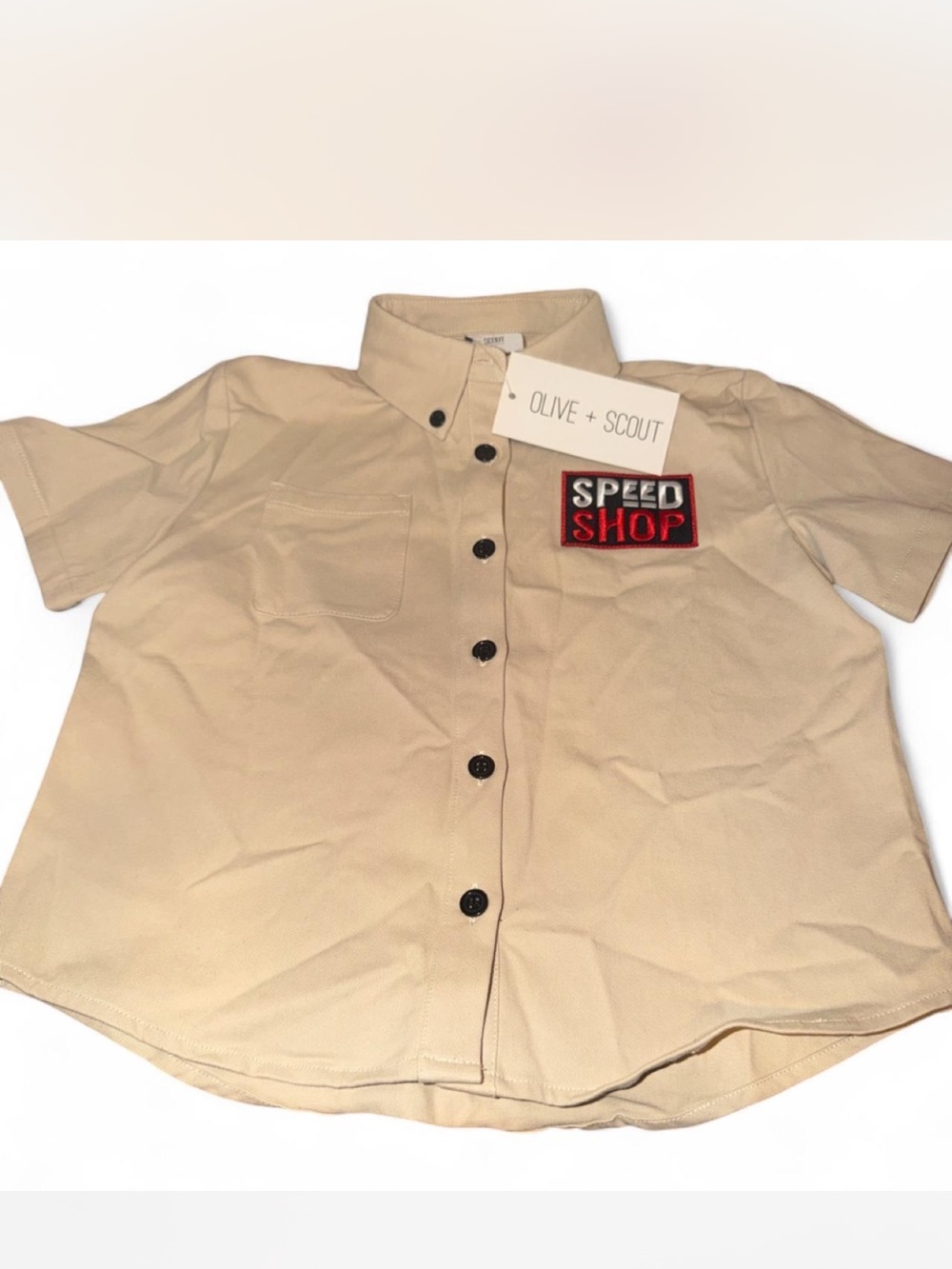 Olive + Scout Boys' Cream Button-Down Shirt with Speed Shop Patch